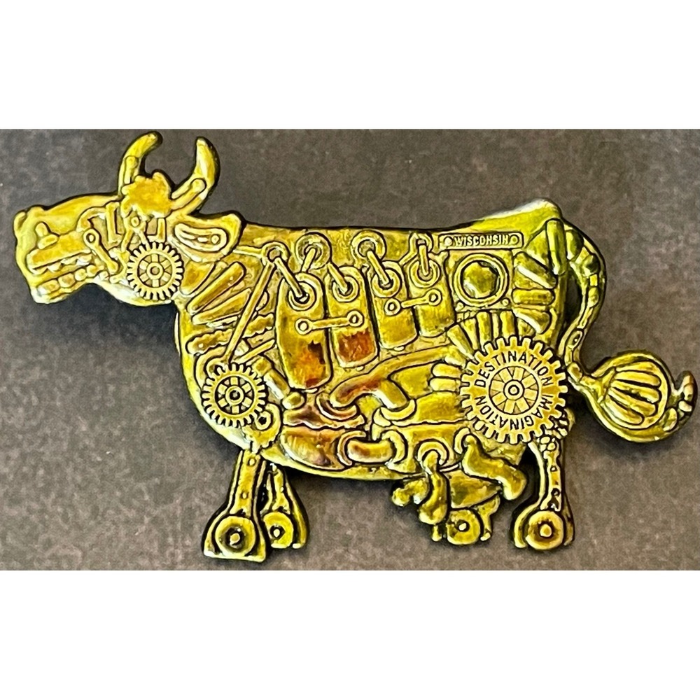 Destination Imagination Wisconsin Steampunk Mechanical Cow Lapel Pin  Green Tone